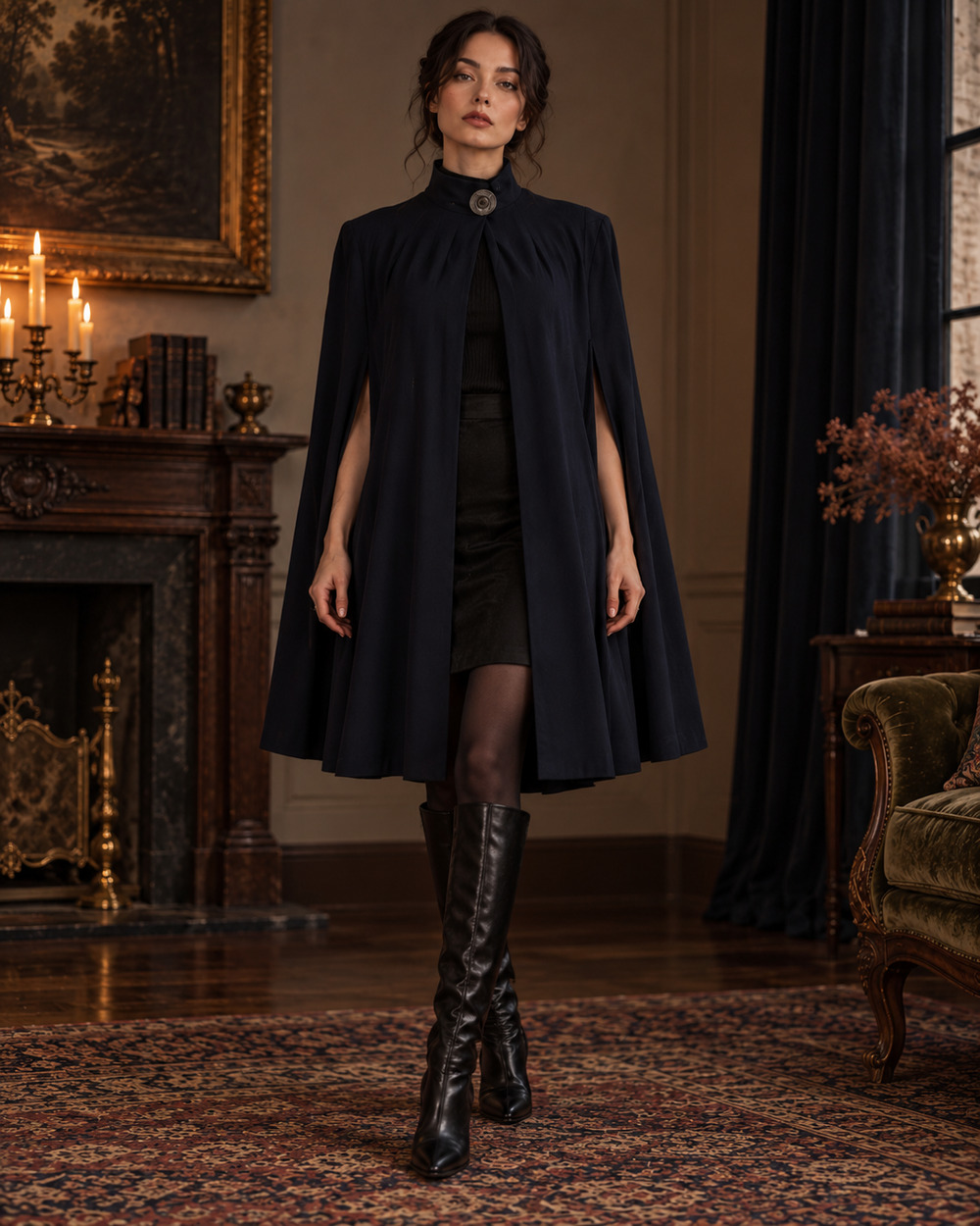 Vintage 1940s Wool Cape Cloak Midnight Blue Gothic Arm Slits Dark Academia